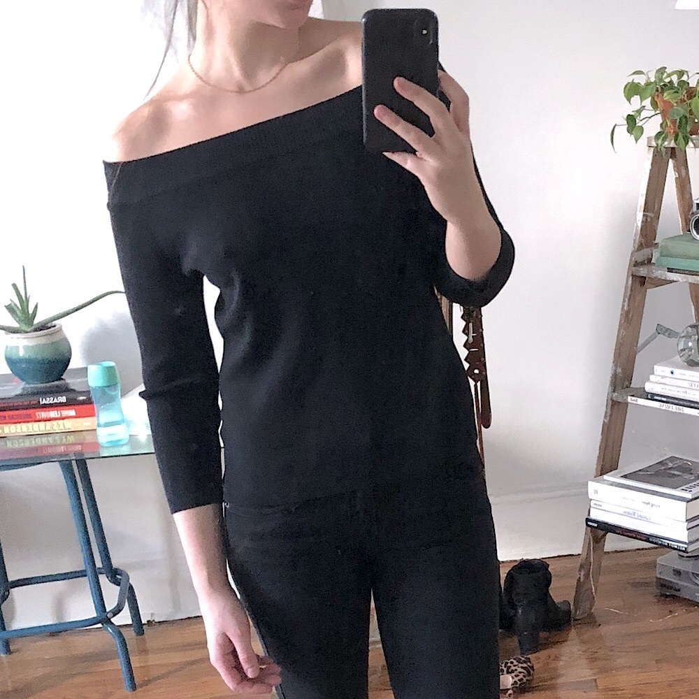 Vintage 90s Stretchy Black Off The Shoulder 3/4 Three Quarter Crop Sleeve Top - Picture 11 of 16